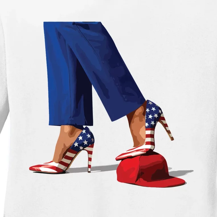 Kamala Harris With High Heels Stepping On Red Hat Ladies Long Sleeve Shirt