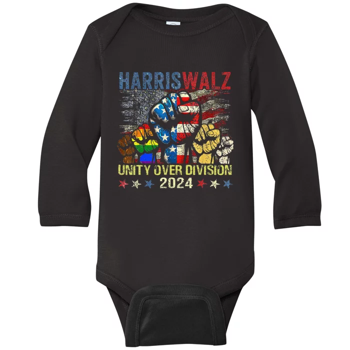 Kamala Harris Walz Waltz 2024 Unity Over Division Baby Long Sleeve Bodysuit