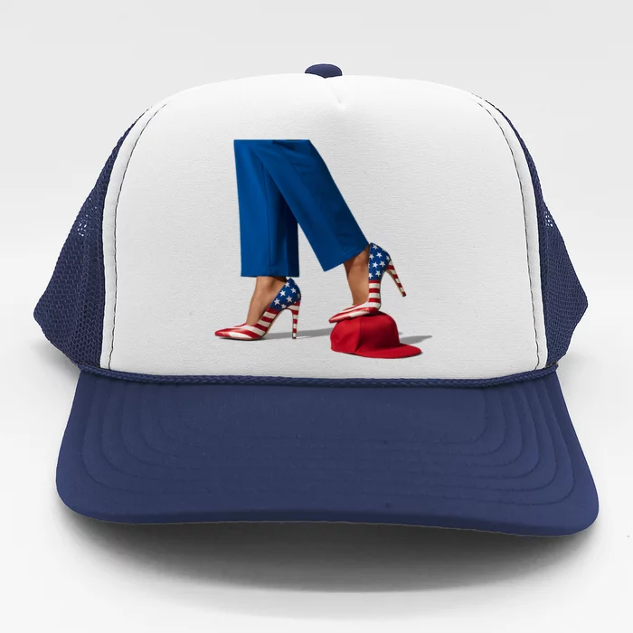 Kamala Harris With High Heels Stepping On Red Hat Trucker Hat