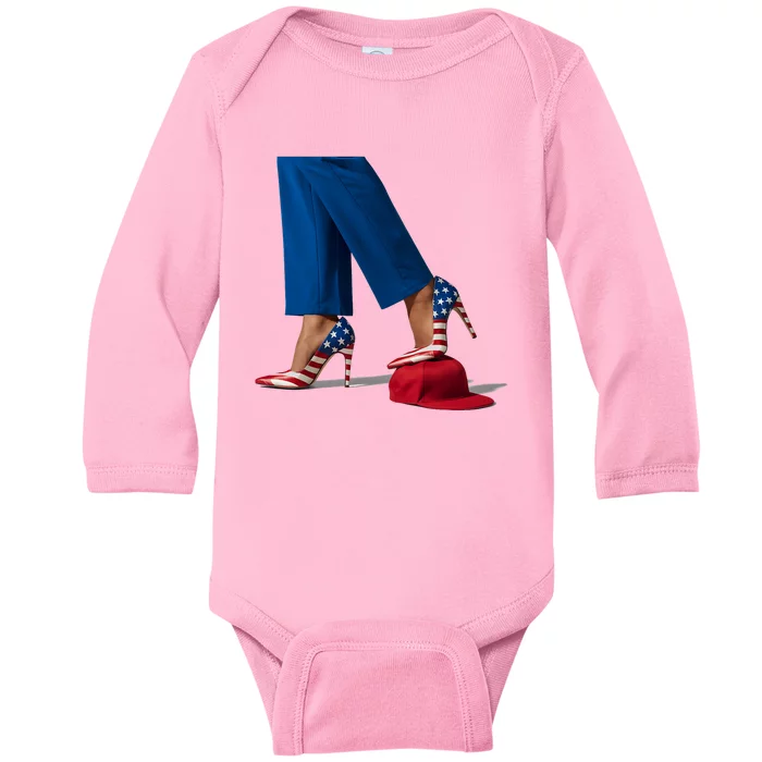 Kamala Harris With High Heels Stepping On Red Hat Baby Long Sleeve Bodysuit