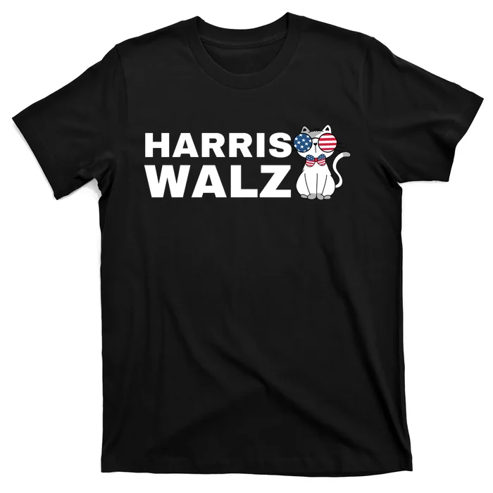 Kamala Harris Walz American Flag Cat T-Shirt