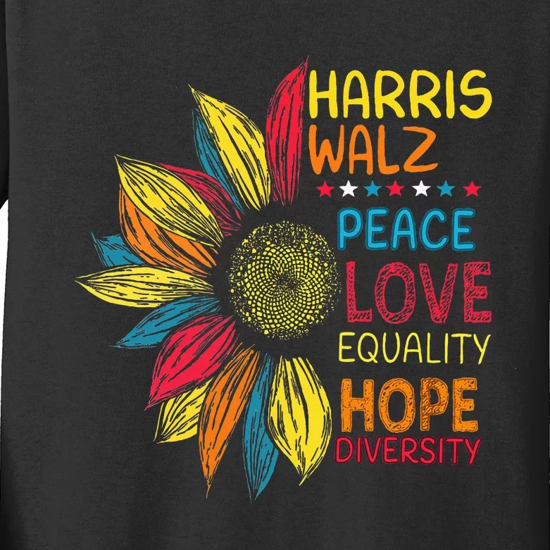 Kamala Harris Walz Peace Love Equality Hope Diversity Kids Long Sleeve Shirt