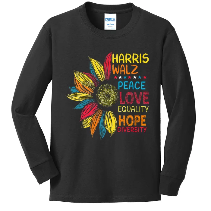 Kamala Harris Walz Peace Love Equality Hope Diversity Kids Long Sleeve Shirt