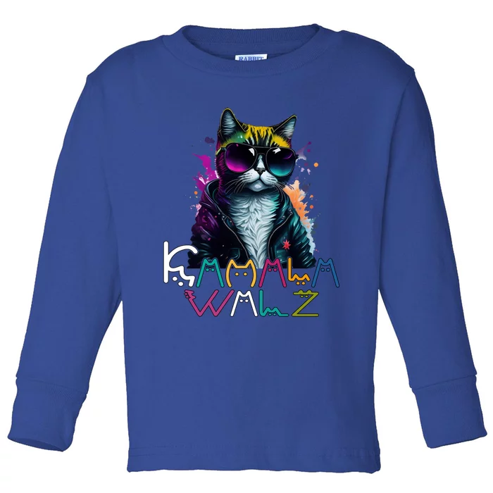 Kamala Harris Walz Cat Lettering Funny Harris Waltz 2024 Cat Funny Gift Toddler Long Sleeve Shirt