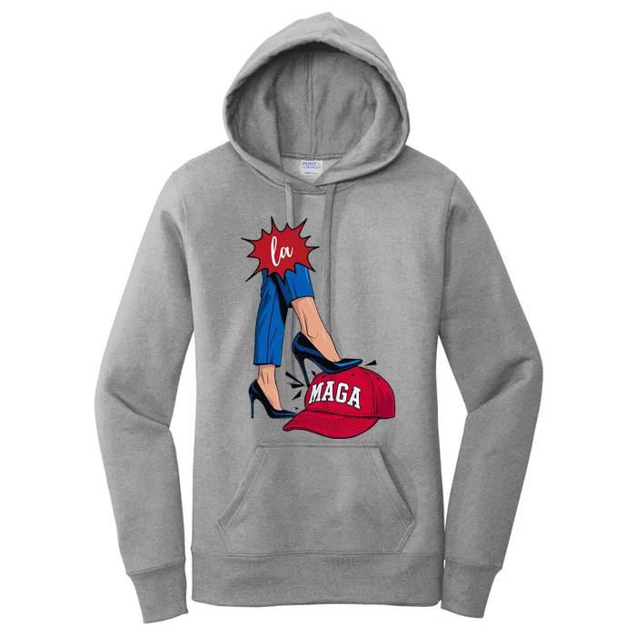 Kamala Harris With High Heels Stepping On Red Hat 2024 Women's Pullover Hoodie