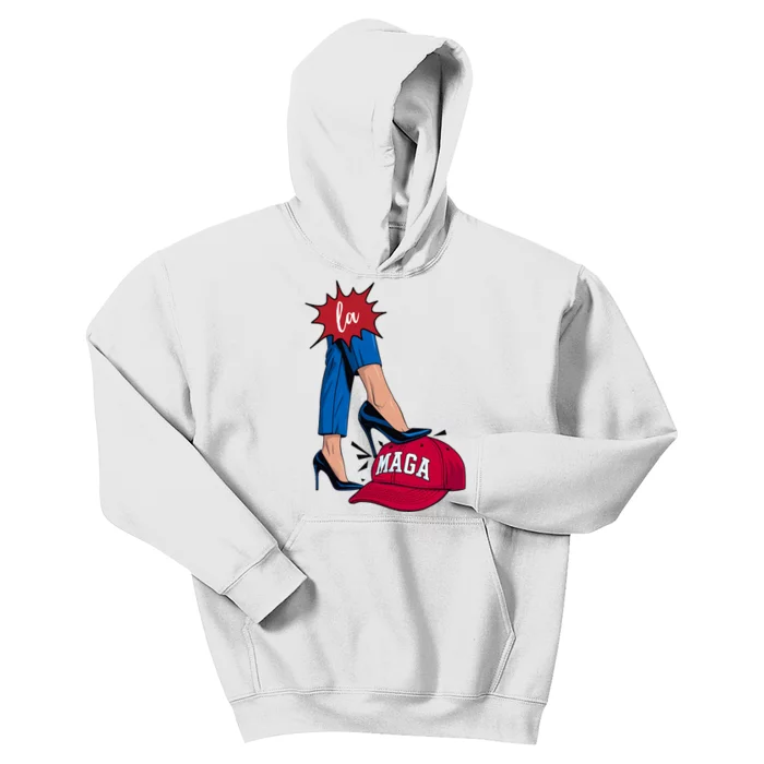 Kamala Harris With High Heels Stepping On Red Hat 2024 Funny Kids Hoodie