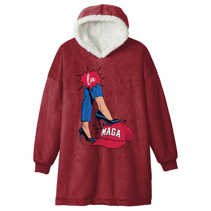 Kamala Harris With High Heels Stepping On Red Hat 2024 Funny Hooded Wearable Blanket