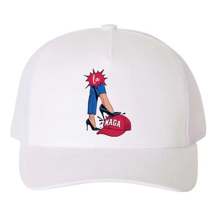 Kamala Harris With High Heels Stepping On Red Hat 2024 Funny Yupoong Adult 5-Panel Trucker Hat