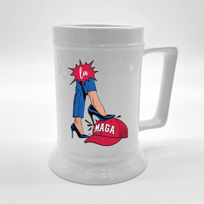 Kamala Harris With High Heels Stepping On Red Hat 2024 Funny Front & Back Beer Stein