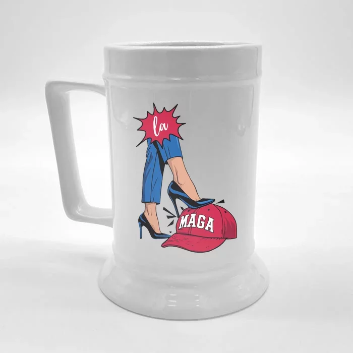 Kamala Harris With High Heels Stepping On Red Hat 2024 Funny Front & Back Beer Stein