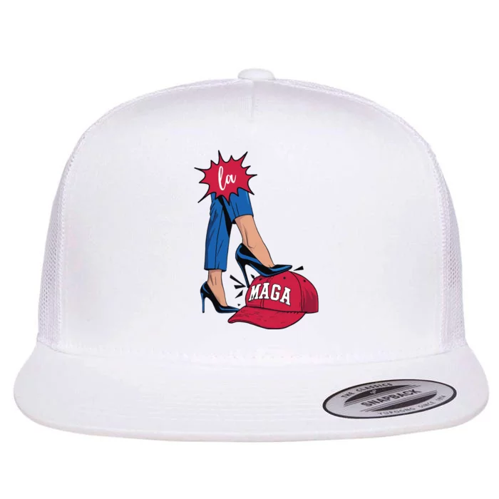 Kamala Harris With High Heels Stepping On Red Hat 2024 Funny Flat Bill Trucker Hat