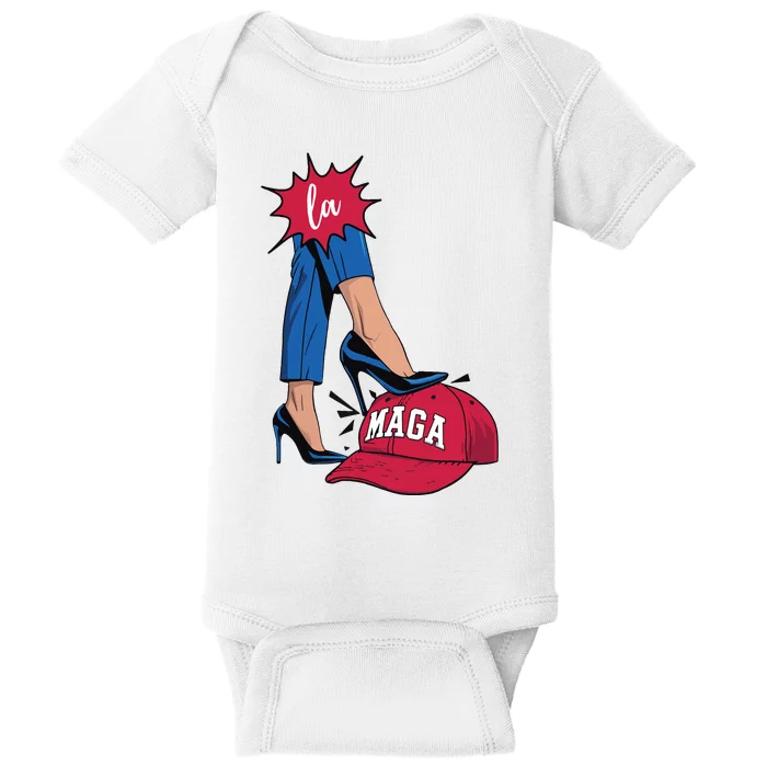 Kamala Harris With High Heels Stepping On Red Hat 2024 Funny Baby Bodysuit