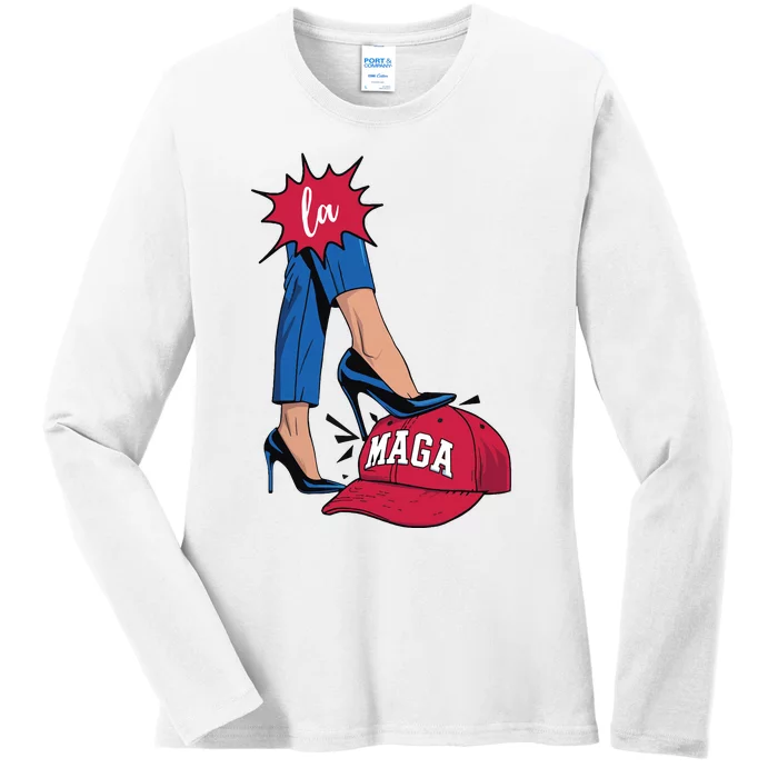 Kamala Harris With High Heels Stepping On Red Hat 2024 Funny Ladies Long Sleeve Shirt