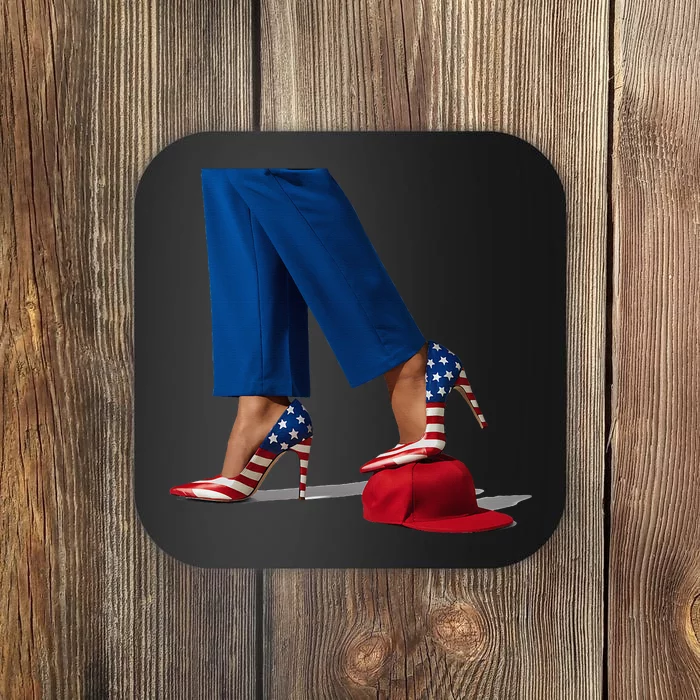 Kamala Harris With High Heels Stepping On Red Hat Coaster