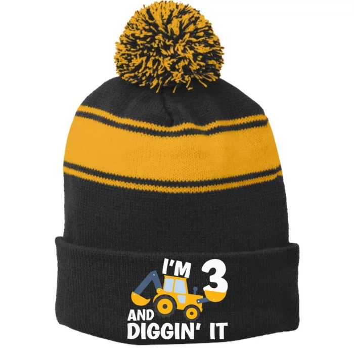 Kids Im 3 And Digging It Construction Excavator 3rd Birthday Stripe Pom Pom Beanie