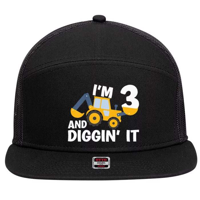 Kids Im 3 And Digging It Construction Excavator 3rd Birthday 7 Panel Mesh Trucker Snapback Hat