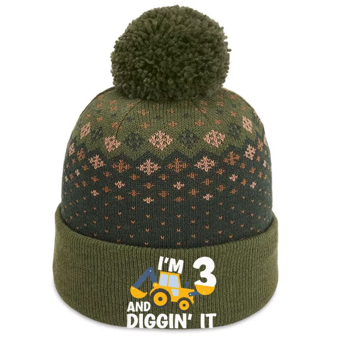 Kids Im 3 And Digging It Construction Excavator 3rd Birthday The Baniff Cuffed Pom Beanie