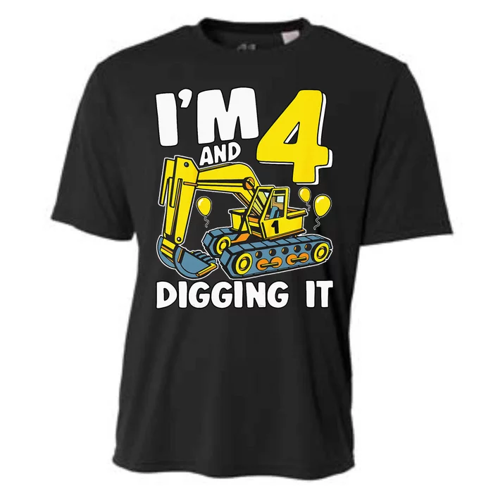 Kids Im 4 And Digging It 4 Years 4th Birthday Excavator Cooling Performance Crew T-Shirt