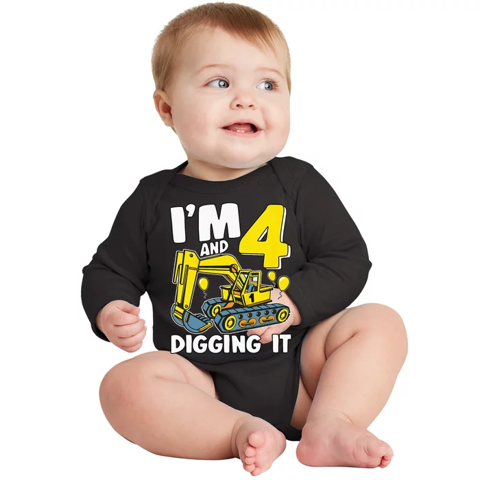 Kids Im 4 And Digging It 4 Years 4th Birthday Excavator Baby Long Sleeve Bodysuit