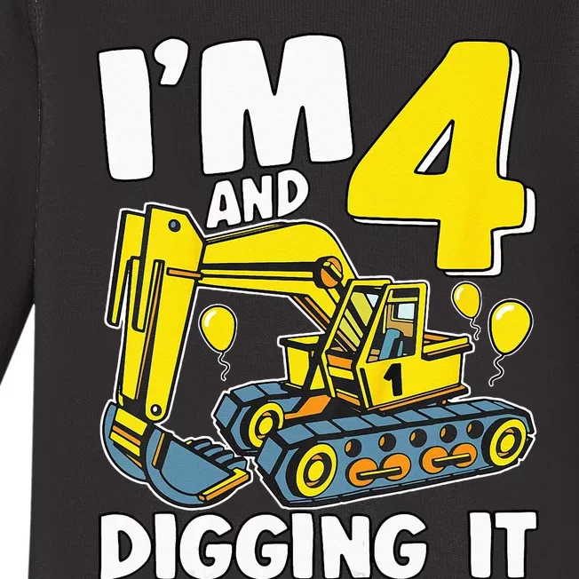 Kids Im 4 And Digging It 4 Years 4th Birthday Excavator Baby Long Sleeve Bodysuit