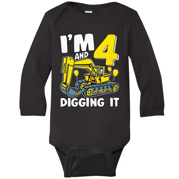 Kids Im 4 And Digging It 4 Years 4th Birthday Excavator Baby Long Sleeve Bodysuit