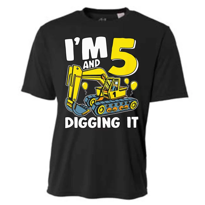 Kids Im 5 And Digging It 5 Years 5th Birthday Excavator Cooling Performance Crew T-Shirt