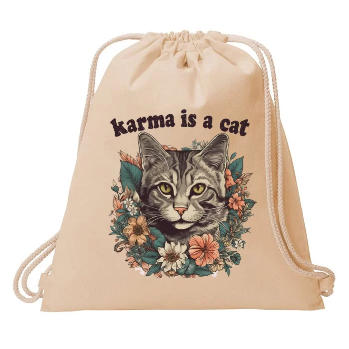 Karma Is A Cat Retro Floral Drawstring Bag