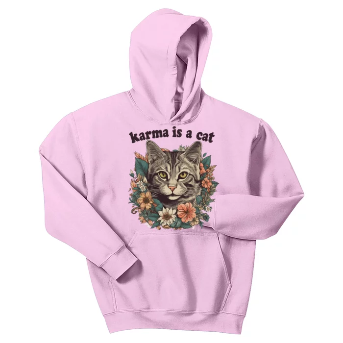 Karma Is A Cat Retro Floral Kids Hoodie