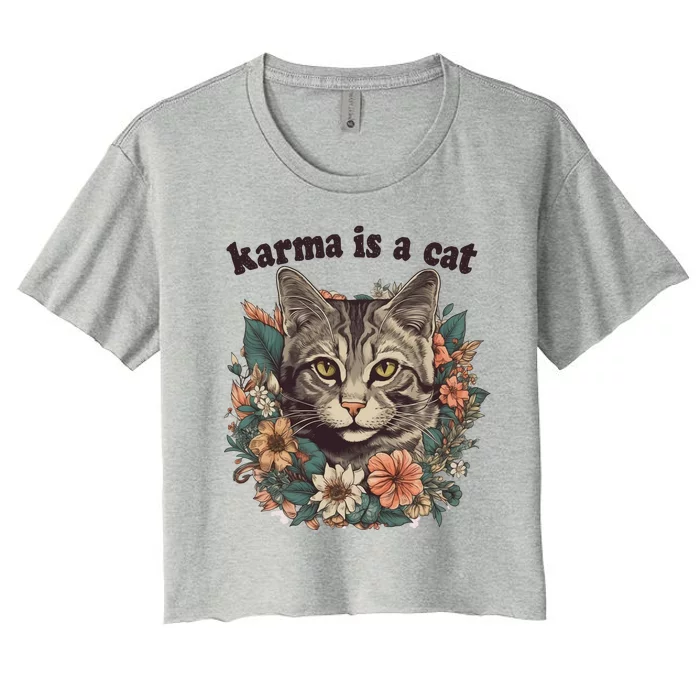 Karma Is A Cat Retro Floral Women's Crop Top Tee