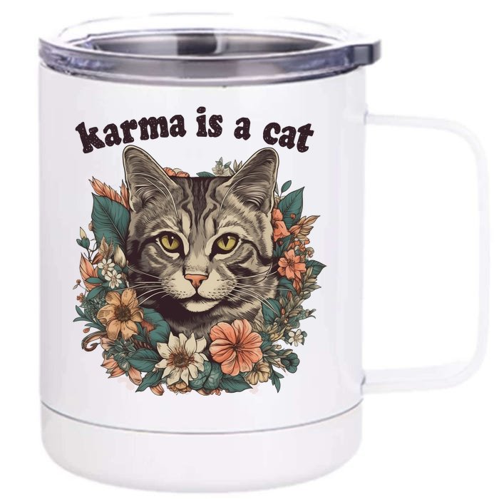 Karma Is A Cat Retro Floral Front & Back 12oz Stainless Steel Tumbler Cup