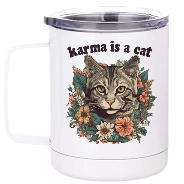 Karma Is A Cat Retro Floral Front & Back 12oz Stainless Steel Tumbler Cup