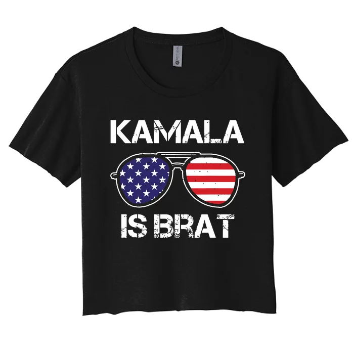 Kamala Is Brat Sunglasses Us Flag Vintage Funny Sarcastic Women's Crop Top Tee