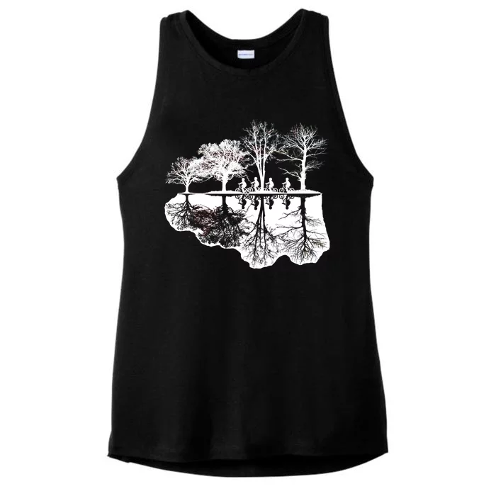 Kids Riding Bikes Through Trees Upside Down Ladies Tri-Blend Wicking Tank