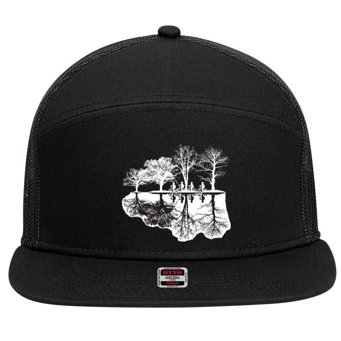 Kids Riding Bikes Through Trees Upside Down 7 Panel Mesh Trucker Snapback Hat