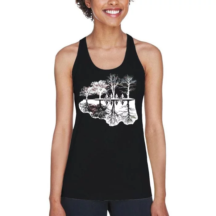 Kids Riding Bikes Through Trees Upside Down Women's Racerback Tank