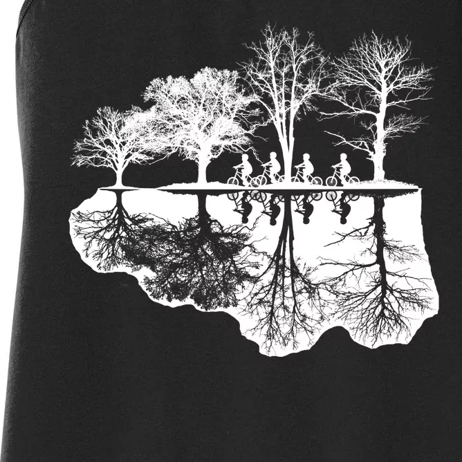 Kids Riding Bikes Through Trees Upside Down Women's Racerback Tank