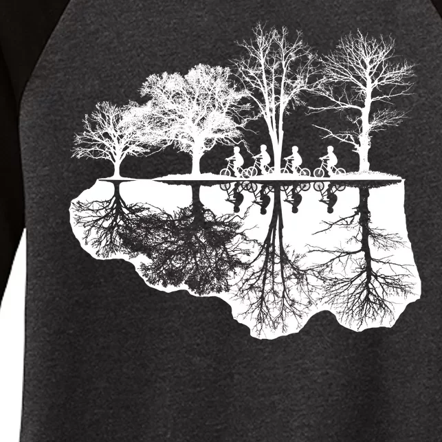 Kids Riding Bikes Through Trees Upside Down Women's Tri-Blend 3/4-Sleeve Raglan Shirt