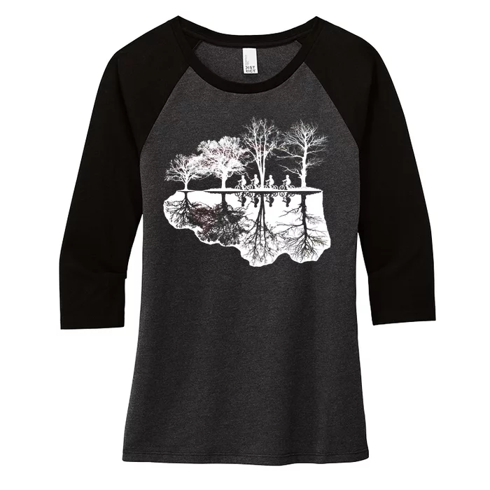 Kids Riding Bikes Through Trees Upside Down Women's Tri-Blend 3/4-Sleeve Raglan Shirt