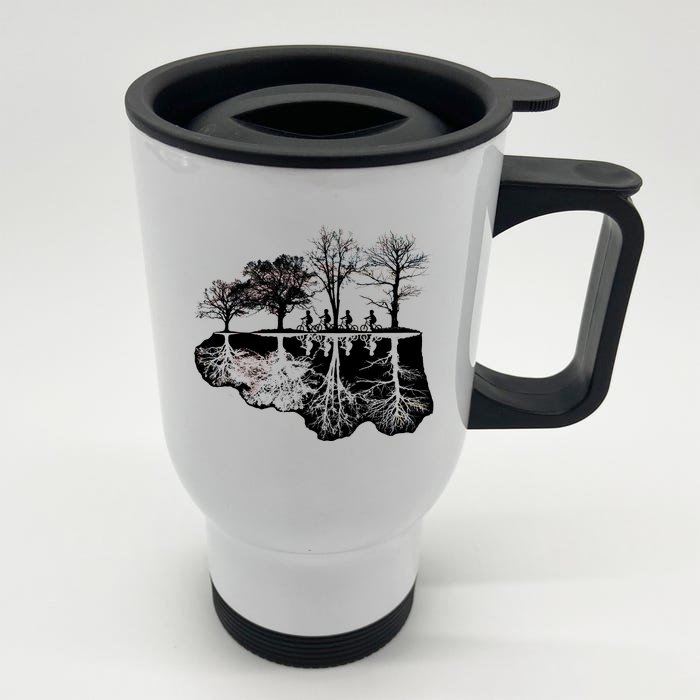 Kids Riding Bikes Through Trees Upside Down Front & Back Stainless Steel Travel Mug