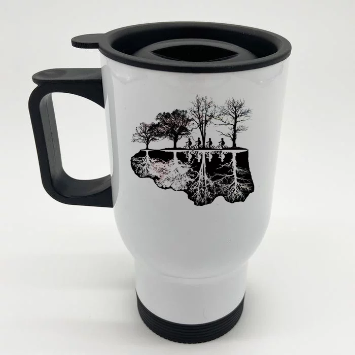 Kids Riding Bikes Through Trees Upside Down Front & Back Stainless Steel Travel Mug