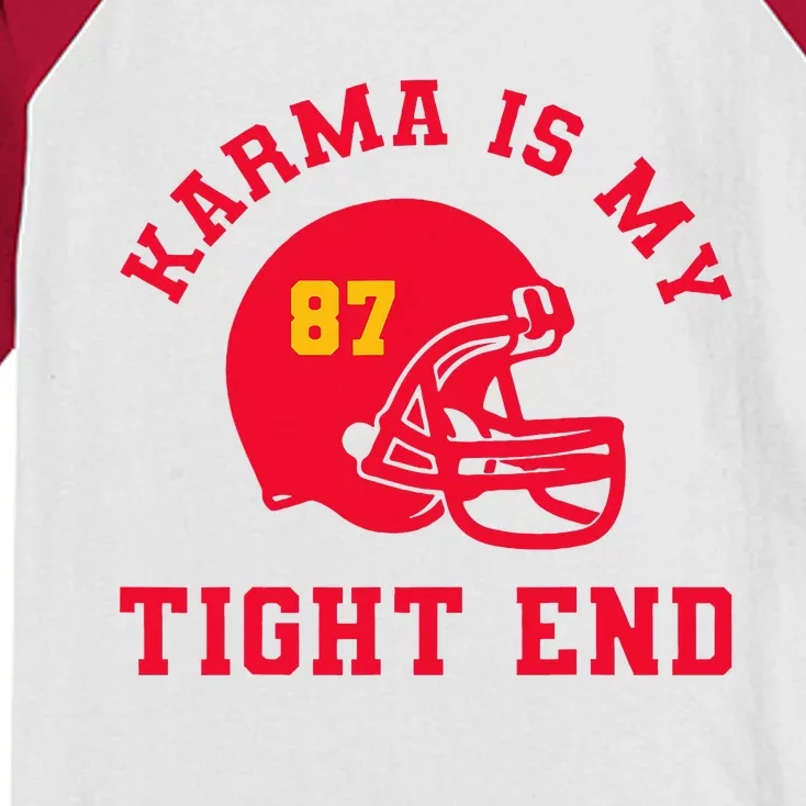 Karma Is My Tight End American Football Kids Colorblock Raglan Jersey