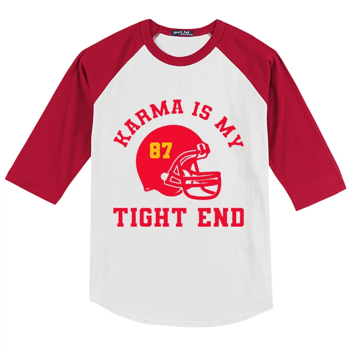 Karma Is My Tight End American Football Kids Colorblock Raglan Jersey