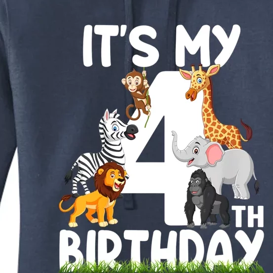 Kids It's My 4th Birthday Zoo Jungle Safari 4 Years Old Animals Women's Pullover Hoodie