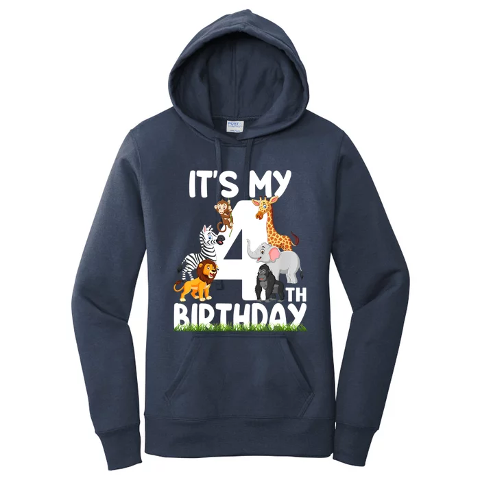 Kids It's My 4th Birthday Zoo Jungle Safari 4 Years Old Animals Women's Pullover Hoodie