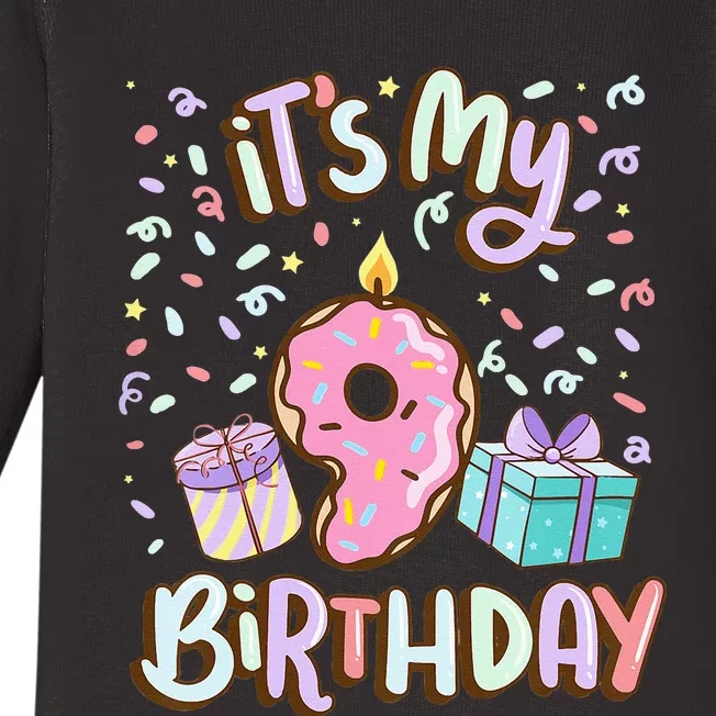 Kids Its My 9th Birthday Cake Donut 9 Year Old Confetti Baby Long Sleeve Bodysuit