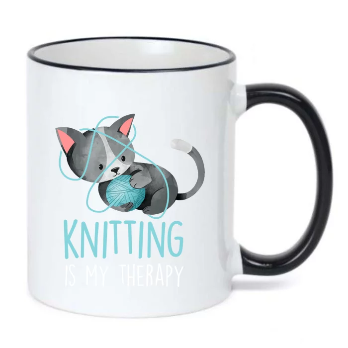 Knitting Is My Therapy Gift Funny Crocheting Cat Lover Great Gift Black Color Changing Mug