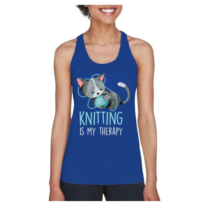 Knitting Is My Therapy Gift Funny Crocheting Cat Lover Great Gift Women's Racerback Tank