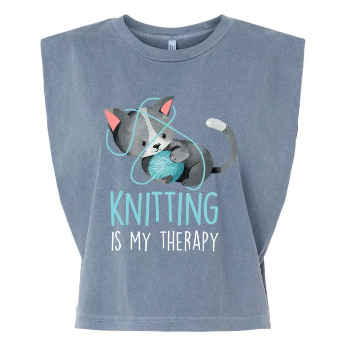 Knitting Is My Therapy Gift Funny Crocheting Cat Lover Great Gift Garment-Dyed Women's Muscle Tee