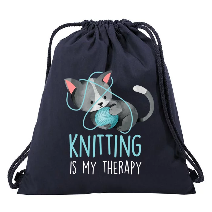 Knitting Is My Therapy Gift Funny Crocheting Cat Lover Great Gift Drawstring Bag