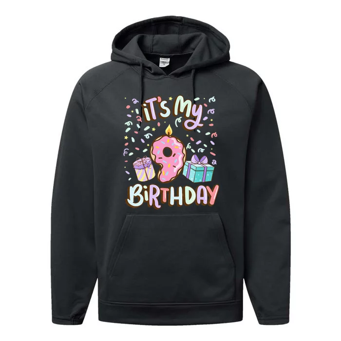 Kids Its My 9th Birthday Cake Donut 9 Year Old Confetti Performance Fleece Hoodie